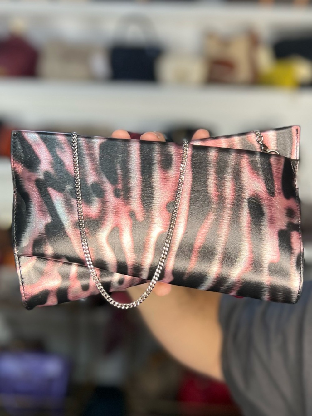 Christian Louboutin Black and Pink Satin Animal-Print Clutch with Chain